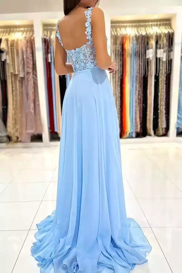 Sky Blue Chiffon Lace Bodice Slit A-Line Gown – Romantic & Airy Evening Party Dress