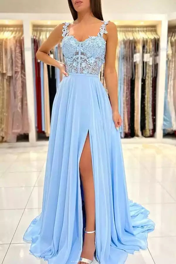 Sky Blue Chiffon Lace Bodice Slit A-Line Gown – Romantic & Airy Evening Party Dress