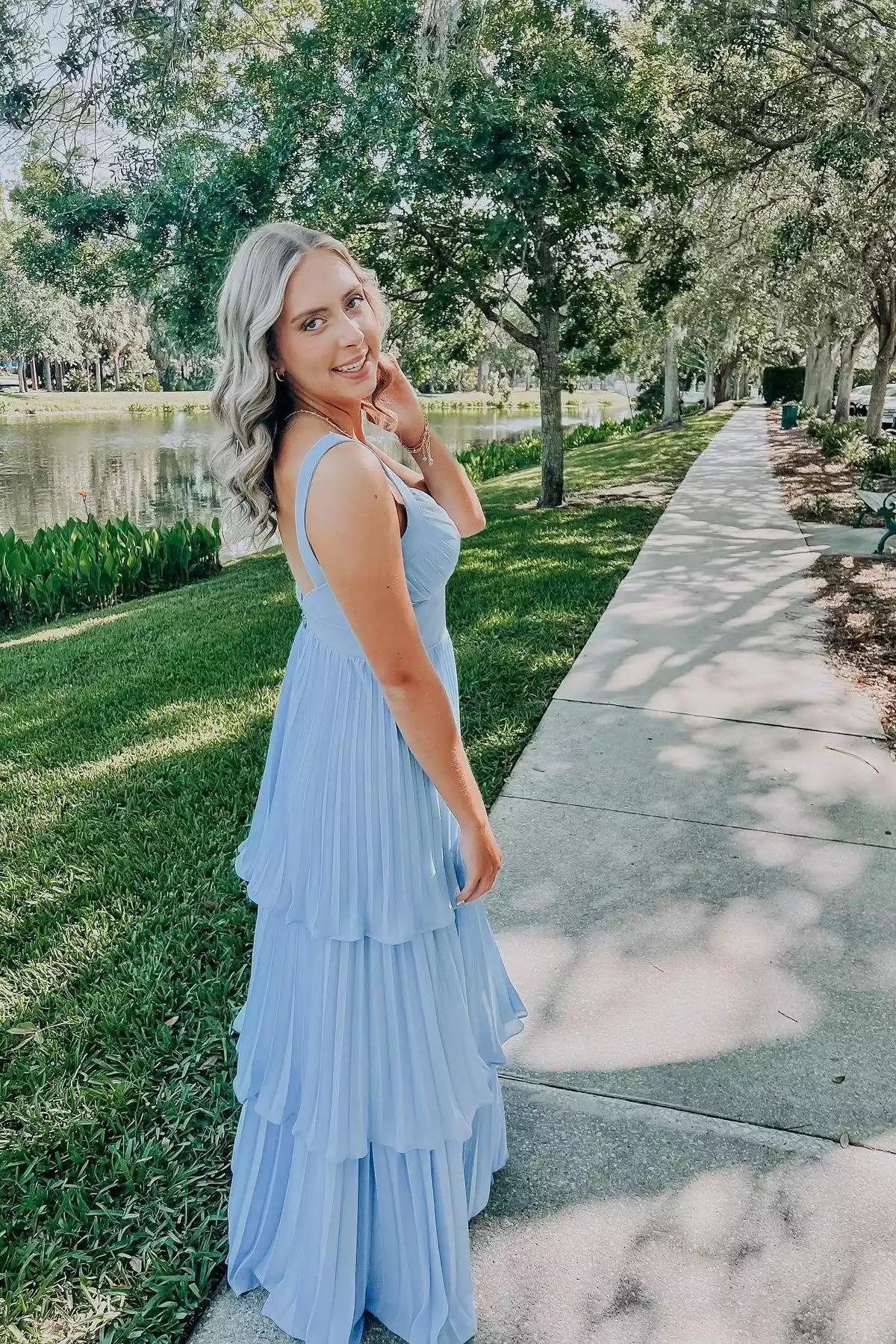 Sky Blue Chiffon Tiered Pleated Gown – Airy & Elegant Evening Party Dress