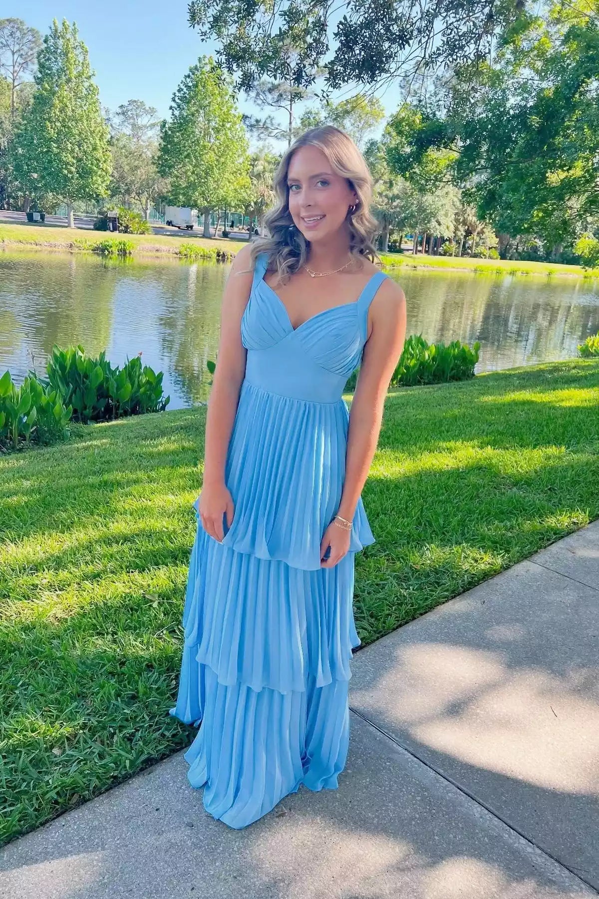 Sky Blue Chiffon Tiered Pleated Gown – Airy & Elegant Evening Party Dress