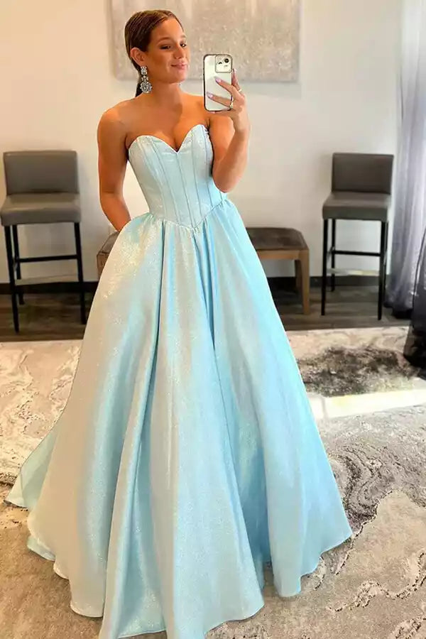 Sky Blue Glitter Satin Strapless Ball Gown – Dreamy & Elegant Evening Party Dress