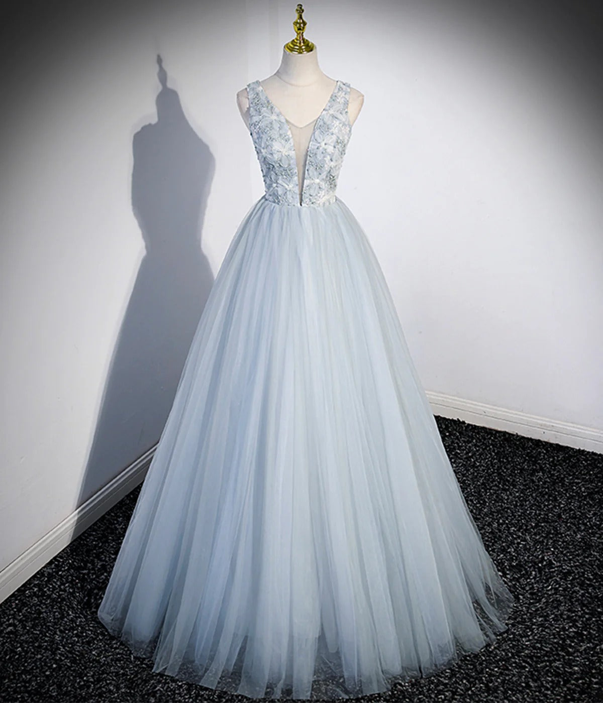 Sky Blue Illusion V-Neck 3D Floral Lace Tulle A-Line Ball Gown with Lace-Up Back