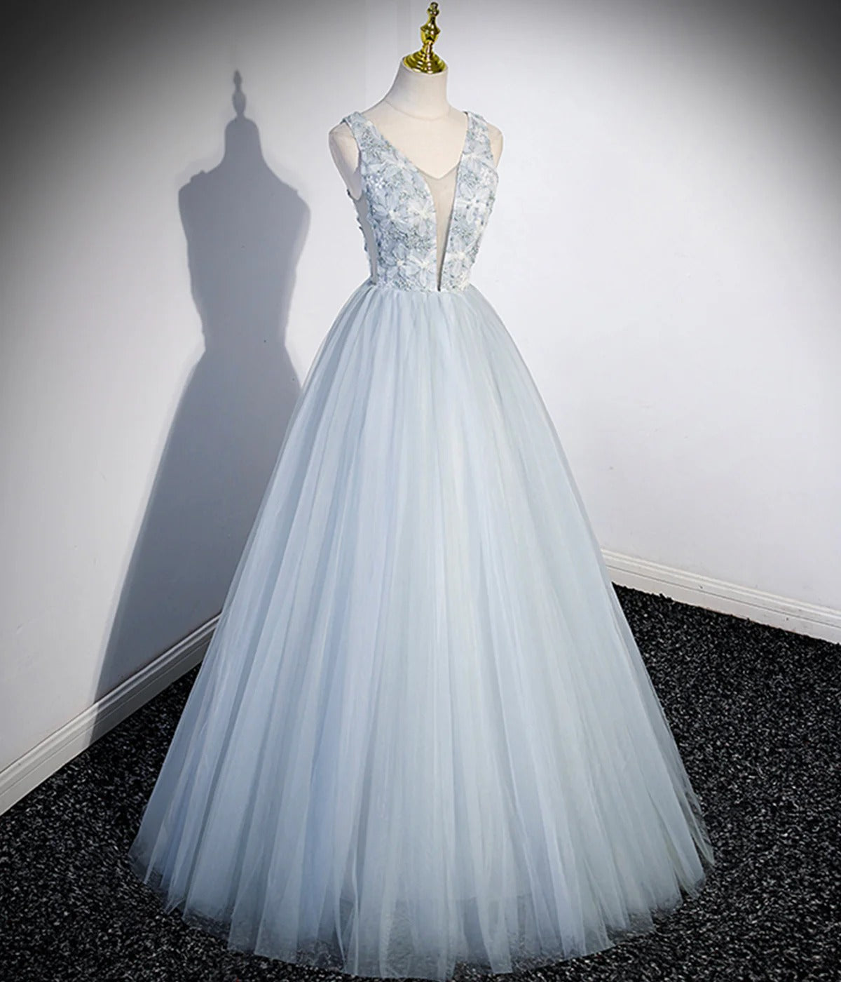 Sky Blue Illusion V-Neck 3D Floral Lace Tulle A-Line Ball Gown with Lace-Up Back