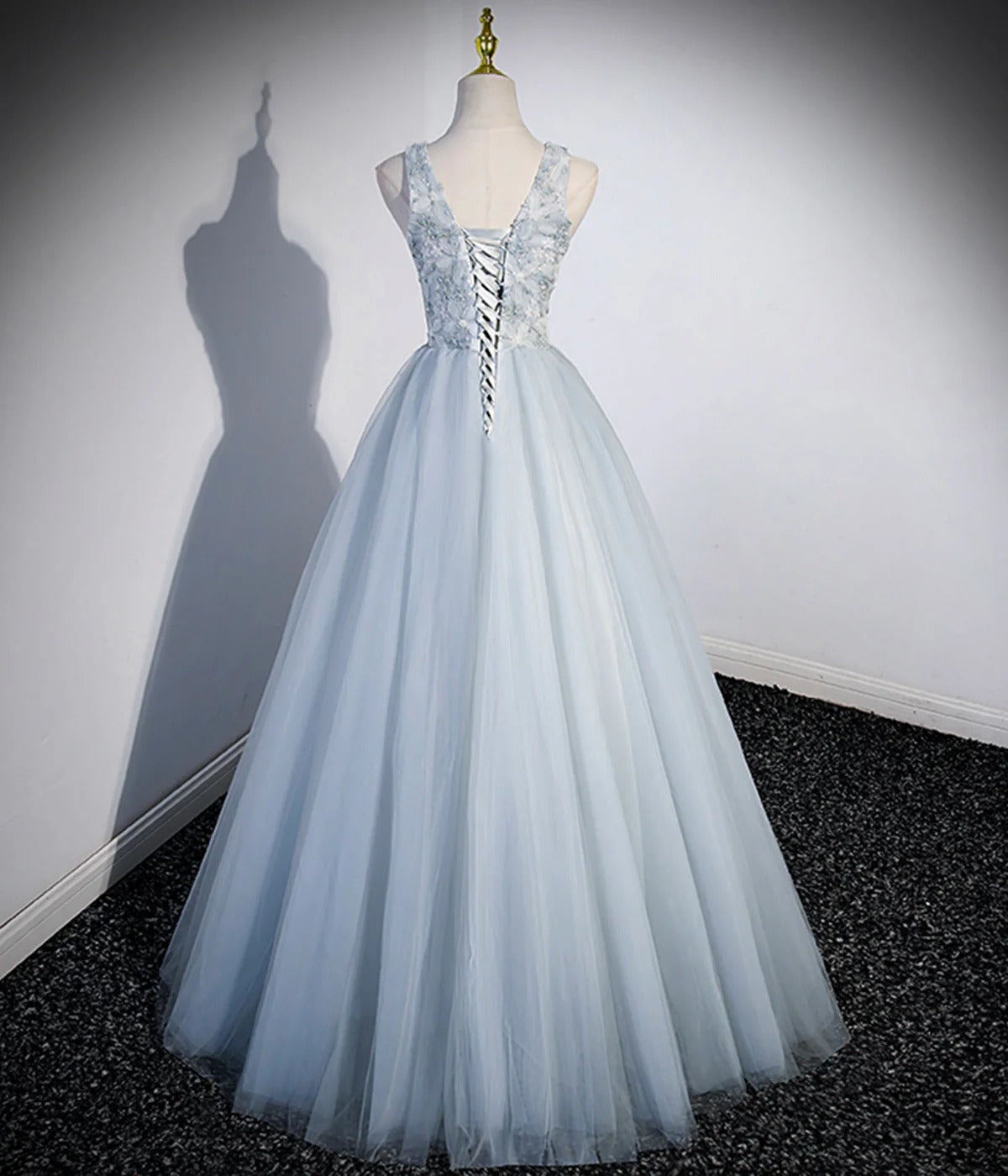 Sky Blue Illusion V-Neck 3D Floral Lace Tulle A-Line Ball Gown with Lace-Up Back