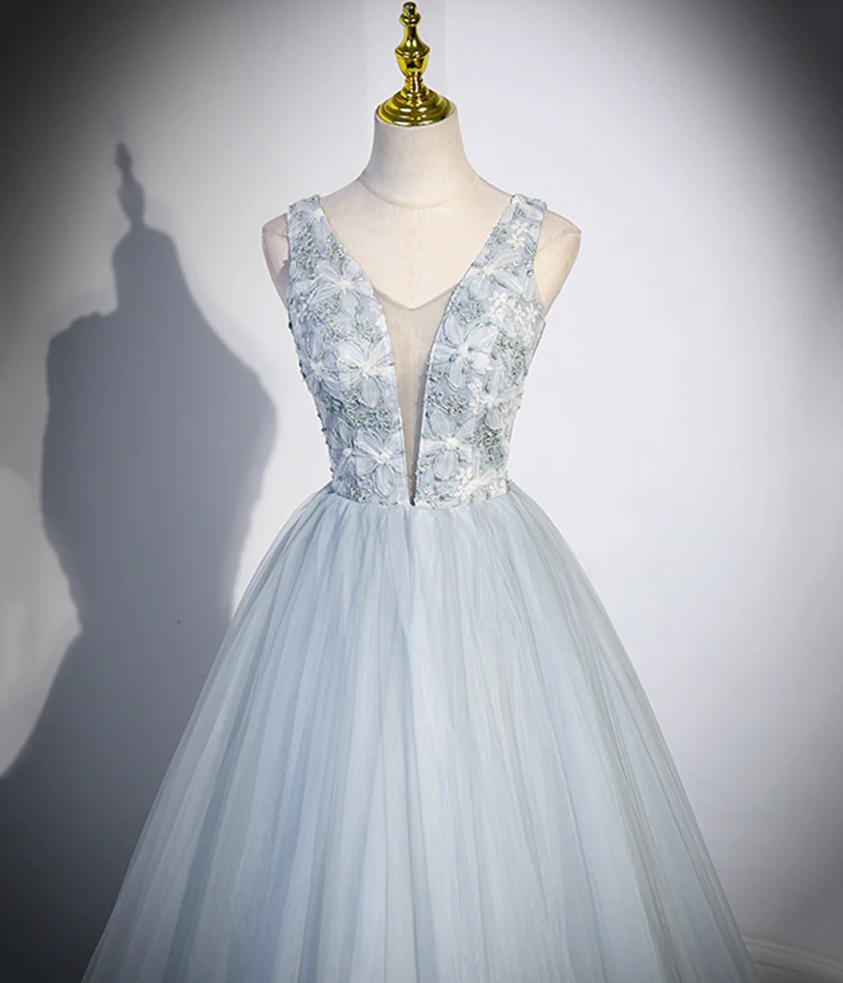 Sky Blue Illusion V-Neck 3D Floral Lace Tulle A-Line Ball Gown with Lace-Up Back