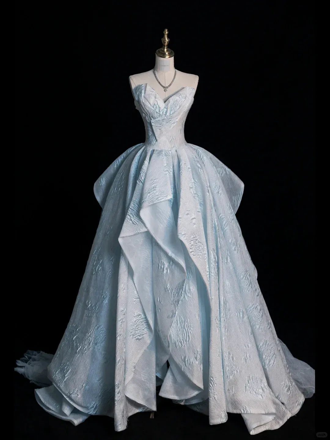 Sky Blue Jacquard Strapless Ruffled Ball Gown with Train