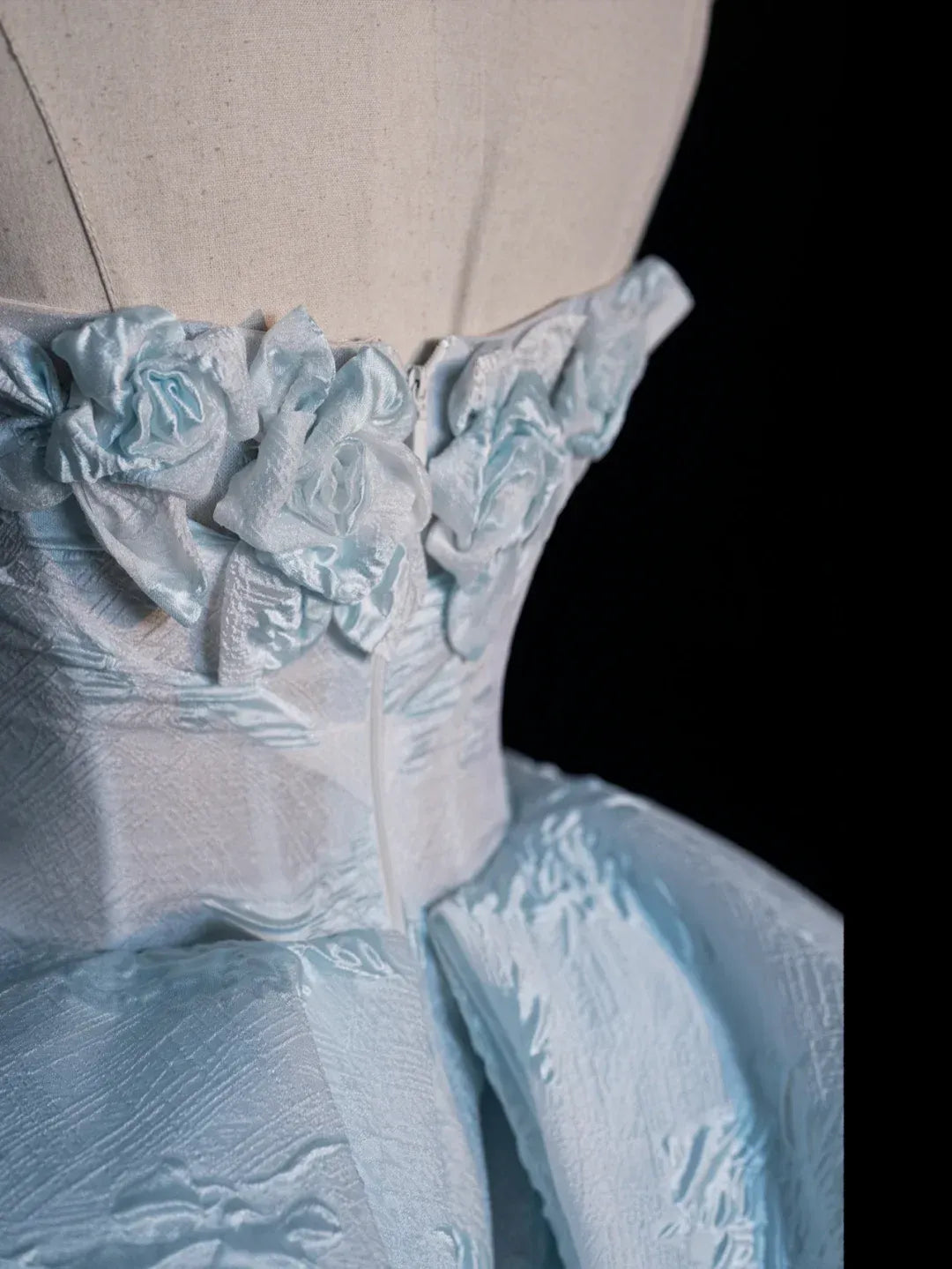 Sky Blue Jacquard Strapless Ruffled Ball Gown with Train