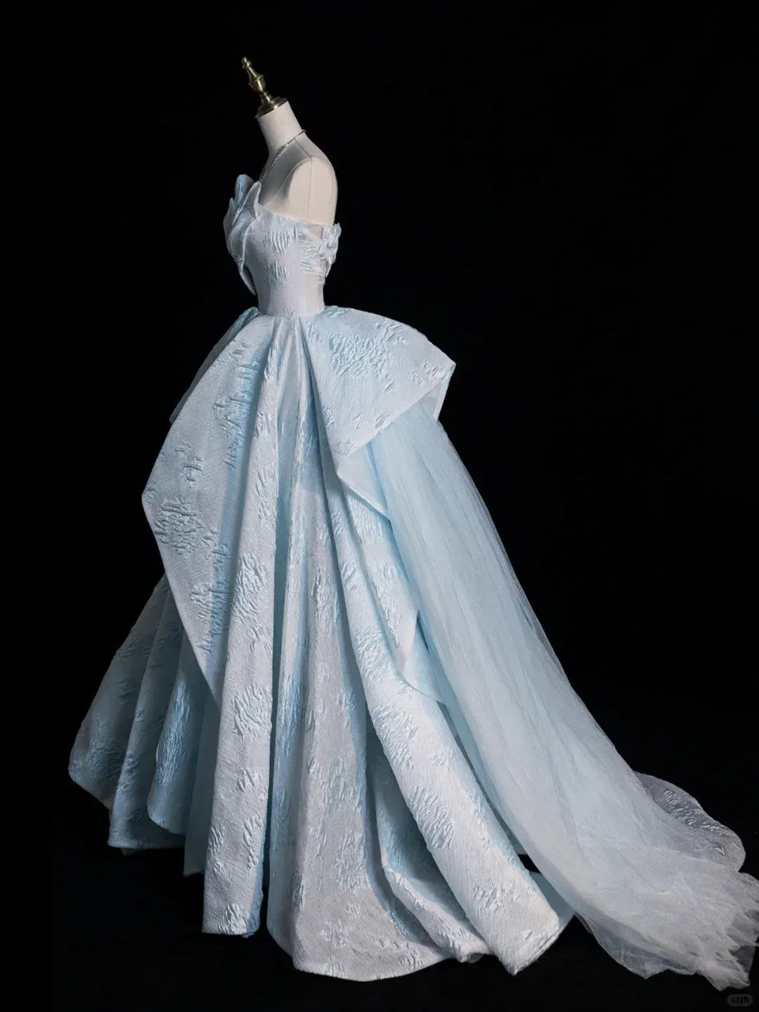 Sky Blue Jacquard Strapless Ruffled Ball Gown with Train