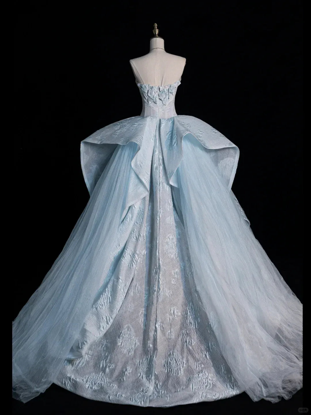 Sky Blue Jacquard Strapless Ruffled Ball Gown with Train