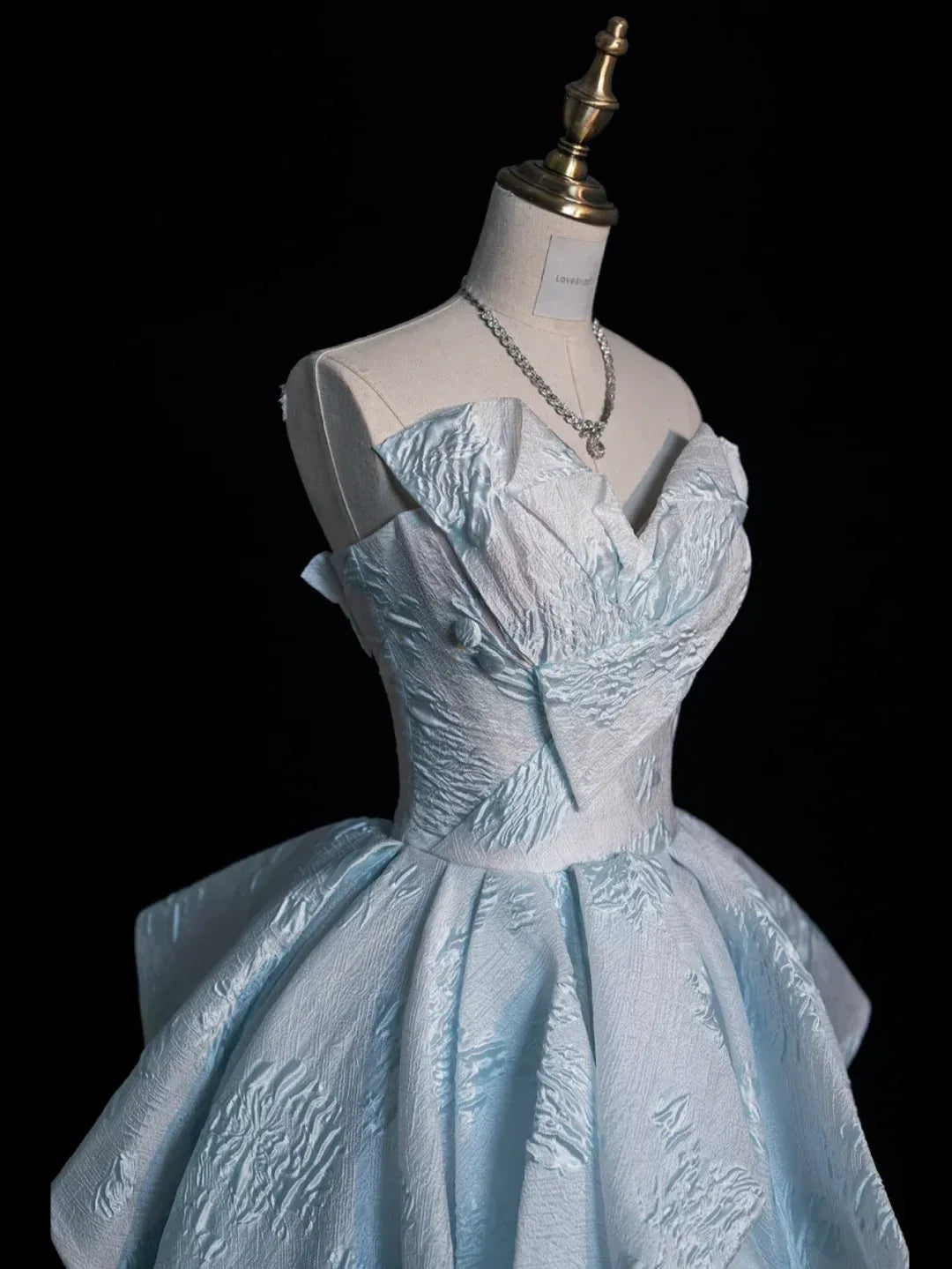 Sky Blue Jacquard Strapless Ruffled Ball Gown with Train