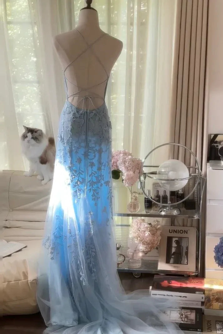 Sky Blue Lace Appliqué Crisscross Back Mermaid Gown – Spaghetti Strap Formal Evening Dress