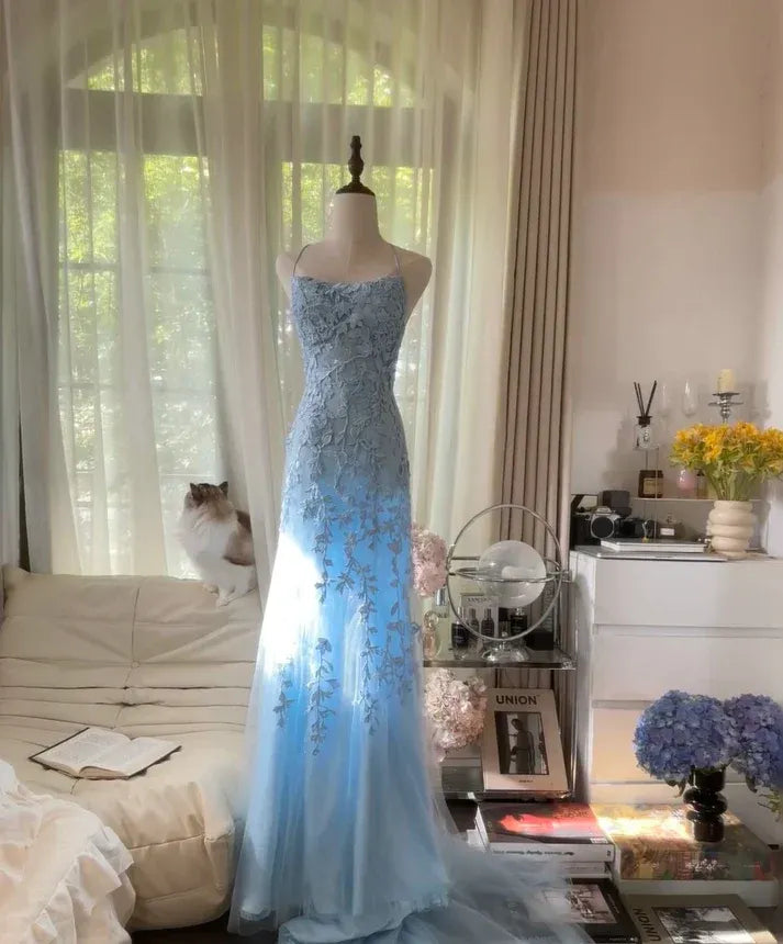 Sky Blue Lace Appliqué Crisscross Back Mermaid Gown – Spaghetti Strap Formal Evening Dress