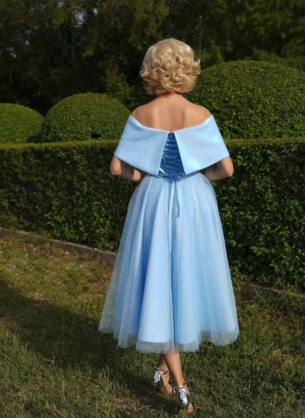Sky Blue Off-the-Shoulder Glitter Tulle Midi Dress – Cinderella Inspired Prom Wedding Gown