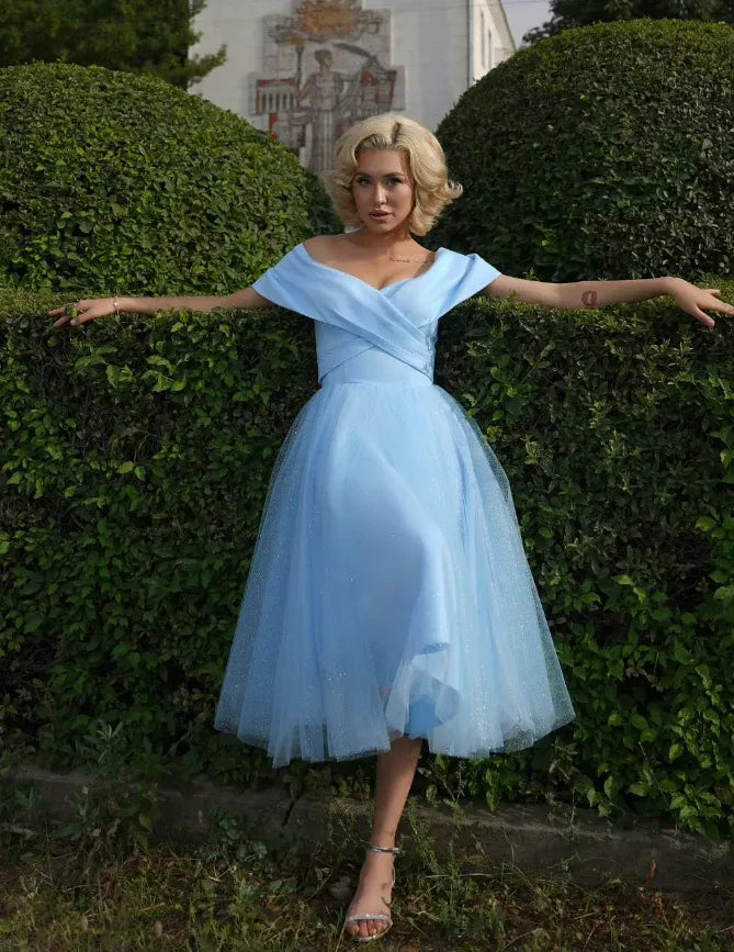 Sky Blue Off-the-Shoulder Glitter Tulle Midi Dress – Cinderella Inspired Prom Wedding Gown