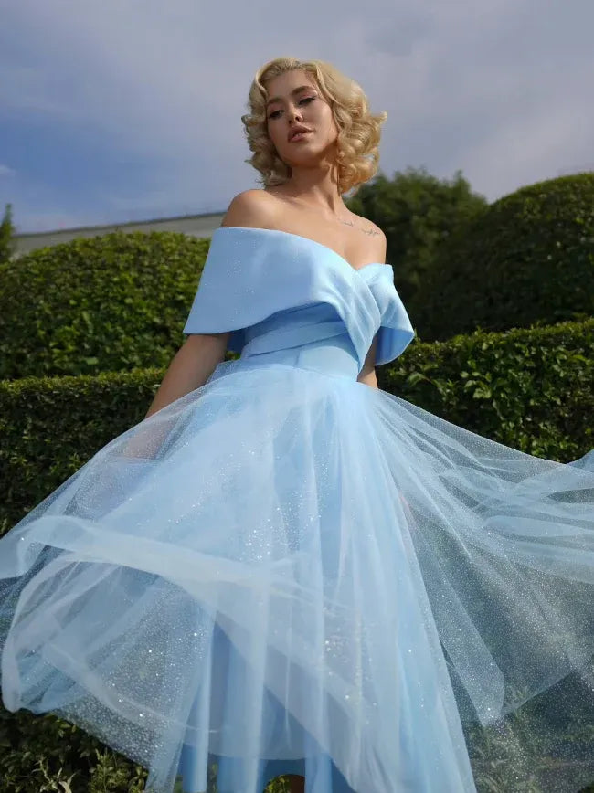 Sky Blue Off-the-Shoulder Glitter Tulle Midi Dress – Cinderella Inspired Prom Wedding Gown