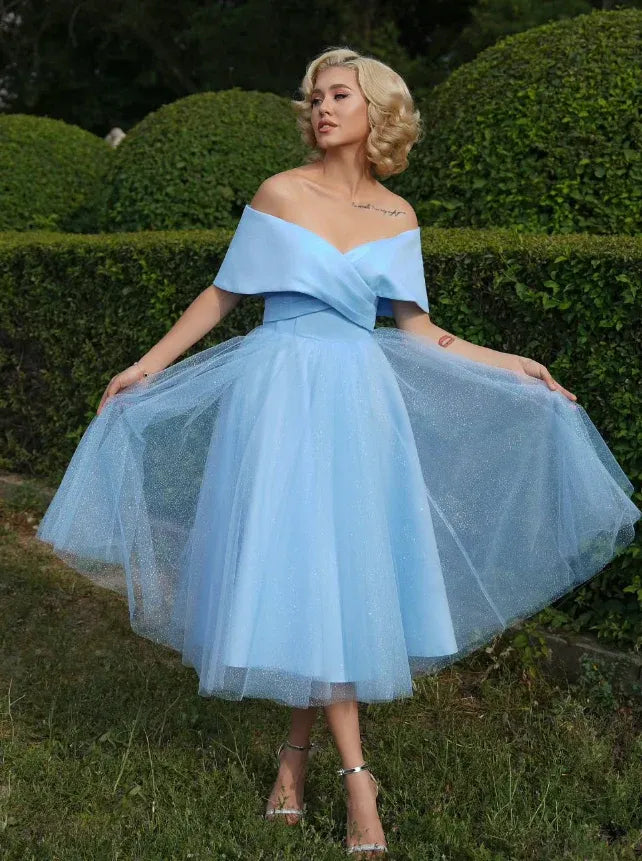 Sky Blue Off-the-Shoulder Glitter Tulle Midi Dress – Cinderella Inspired Prom Wedding Gown
