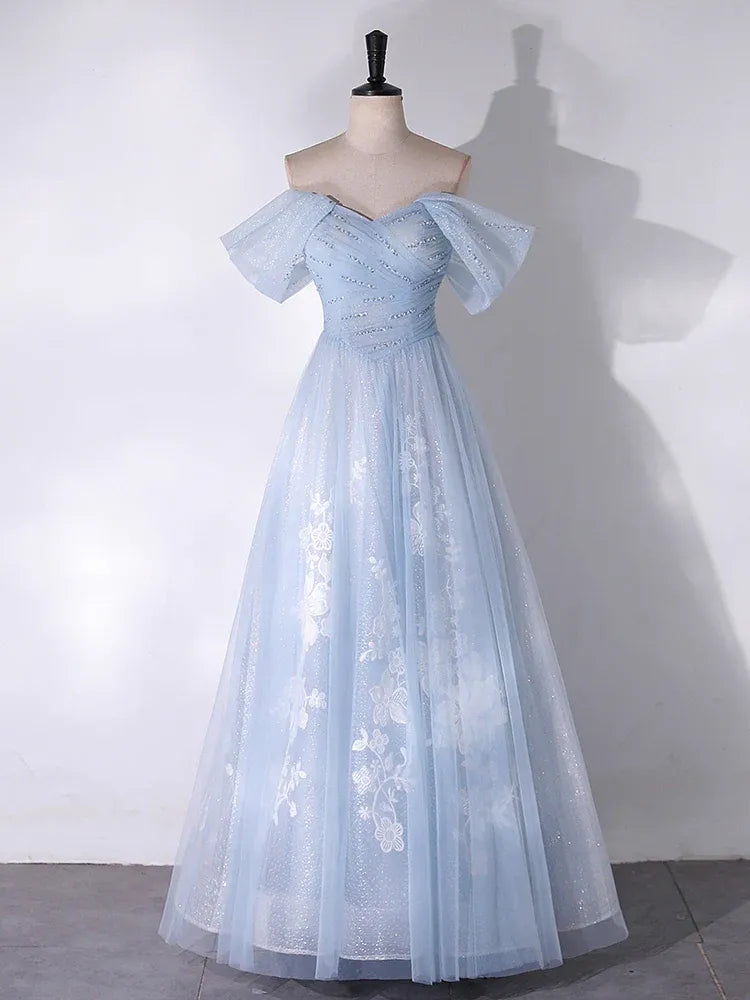 Sky Blue Off-the-Shoulder Ruffle Sleeve Glitter Tulle A-Line Prom Gown