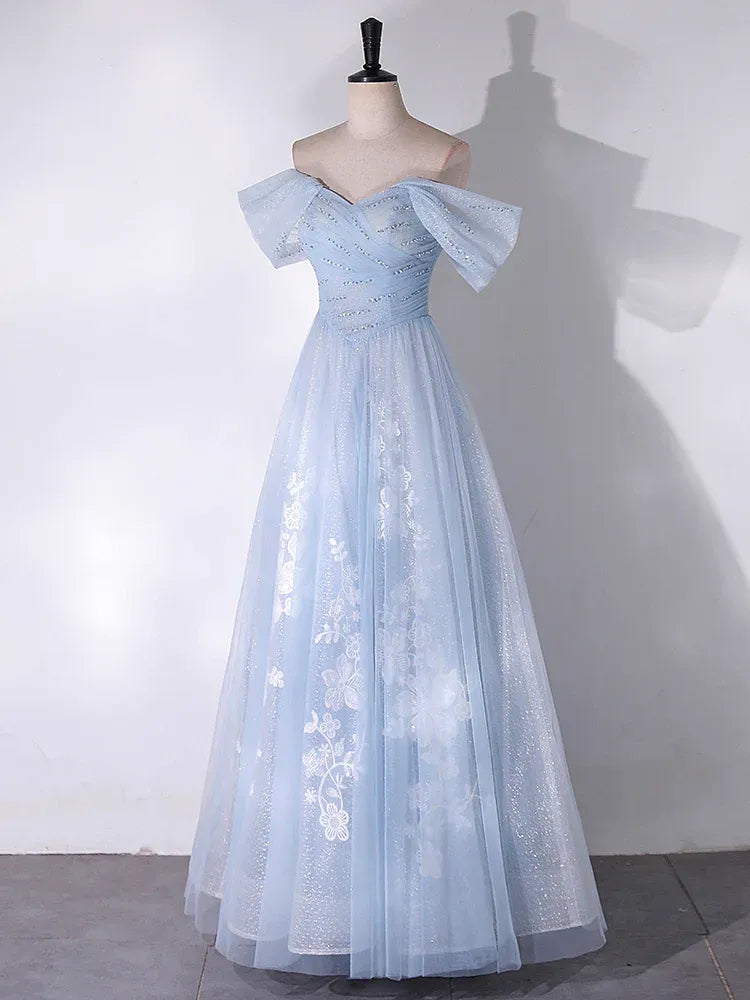 Sky Blue Off-the-Shoulder Ruffle Sleeve Glitter Tulle A-Line Prom Gown