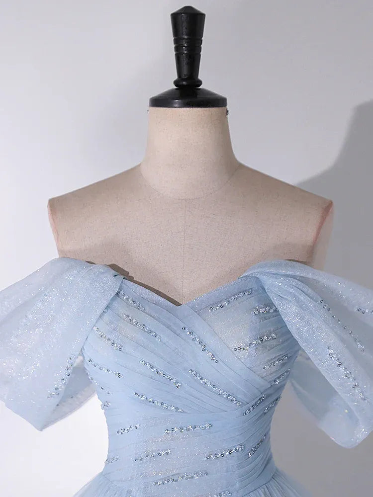 Sky Blue Off-the-Shoulder Ruffle Sleeve Glitter Tulle A-Line Prom Gown
