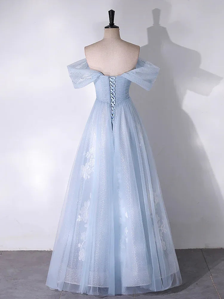 Sky Blue Off-the-Shoulder Ruffle Sleeve Glitter Tulle A-Line Prom Gown