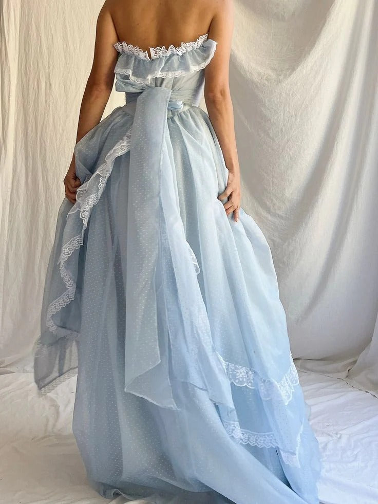 Sky Blue Polka Dot Lace Ruffle Strapless Princess Gown – Prom Wedding Evening Dress