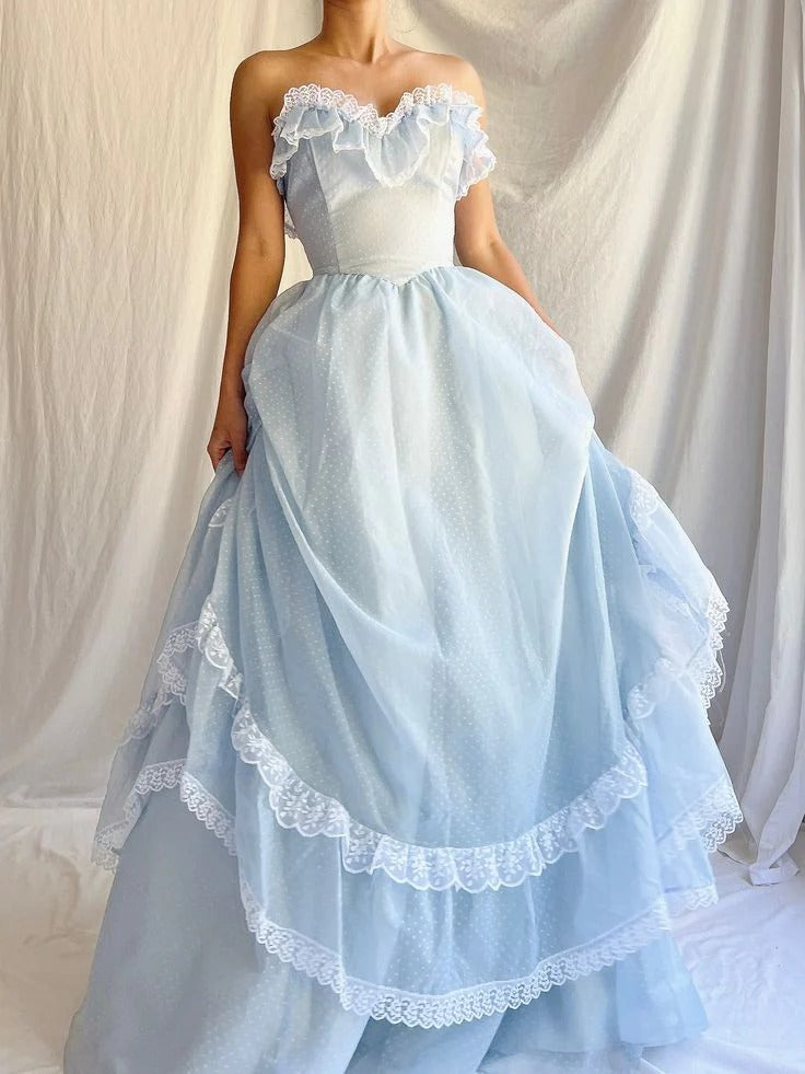 Sky Blue Polka Dot Lace Ruffle Strapless Princess Gown – Prom Wedding Evening Dress