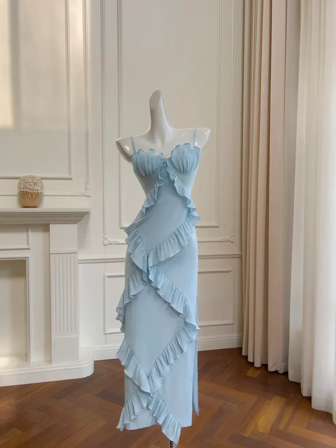 Sky Blue Ruffle Slit Midi Dress – Spaghetti Strap Bustier Formal Dress