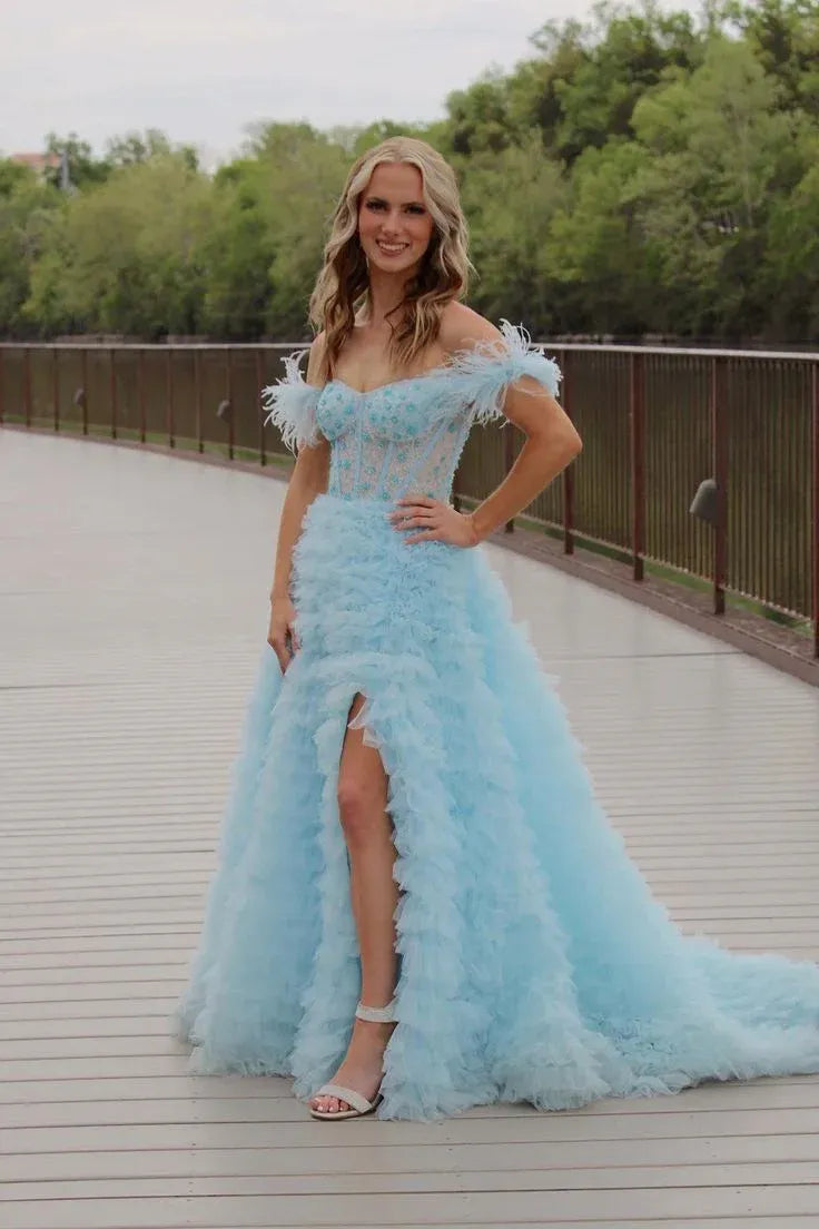 Sky Blue Ruffled Tulle Off-the-Shoulder Gown with Feather Details