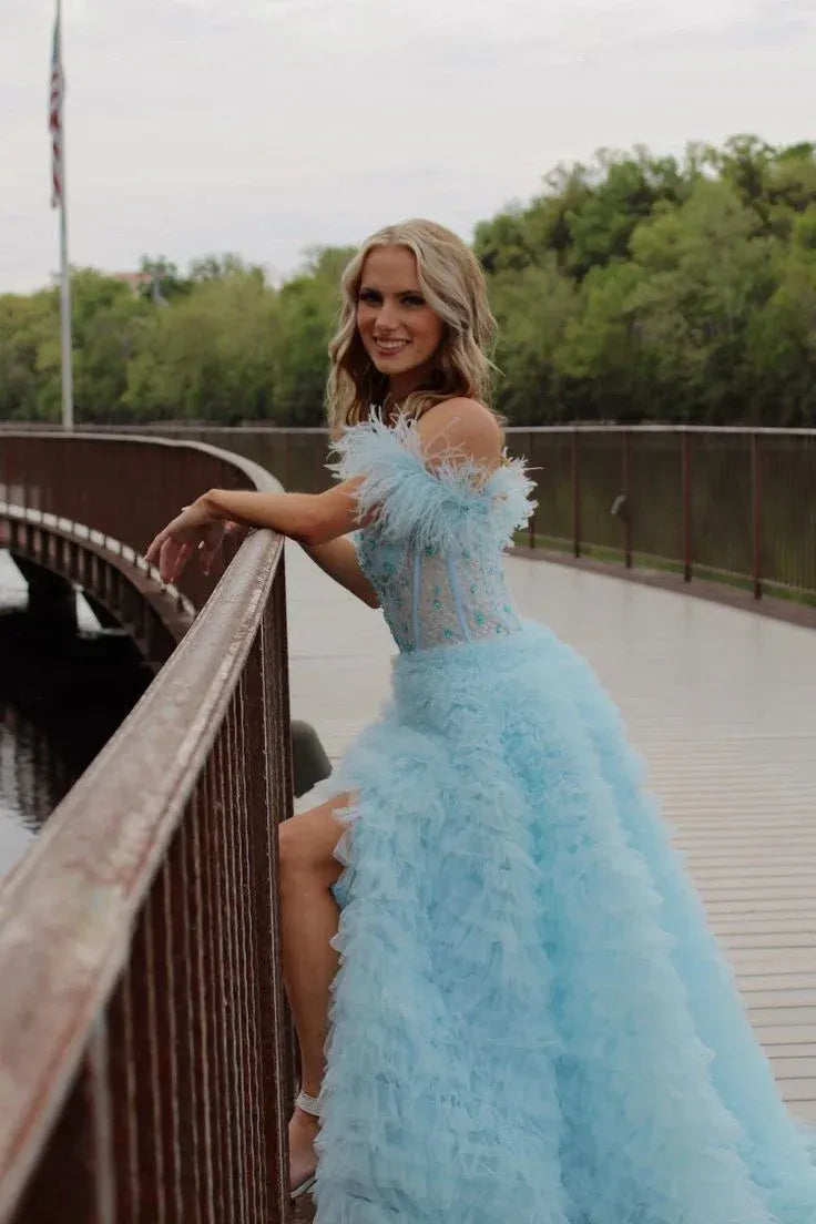 Sky Blue Ruffled Tulle Off-the-Shoulder Gown with Feather Details