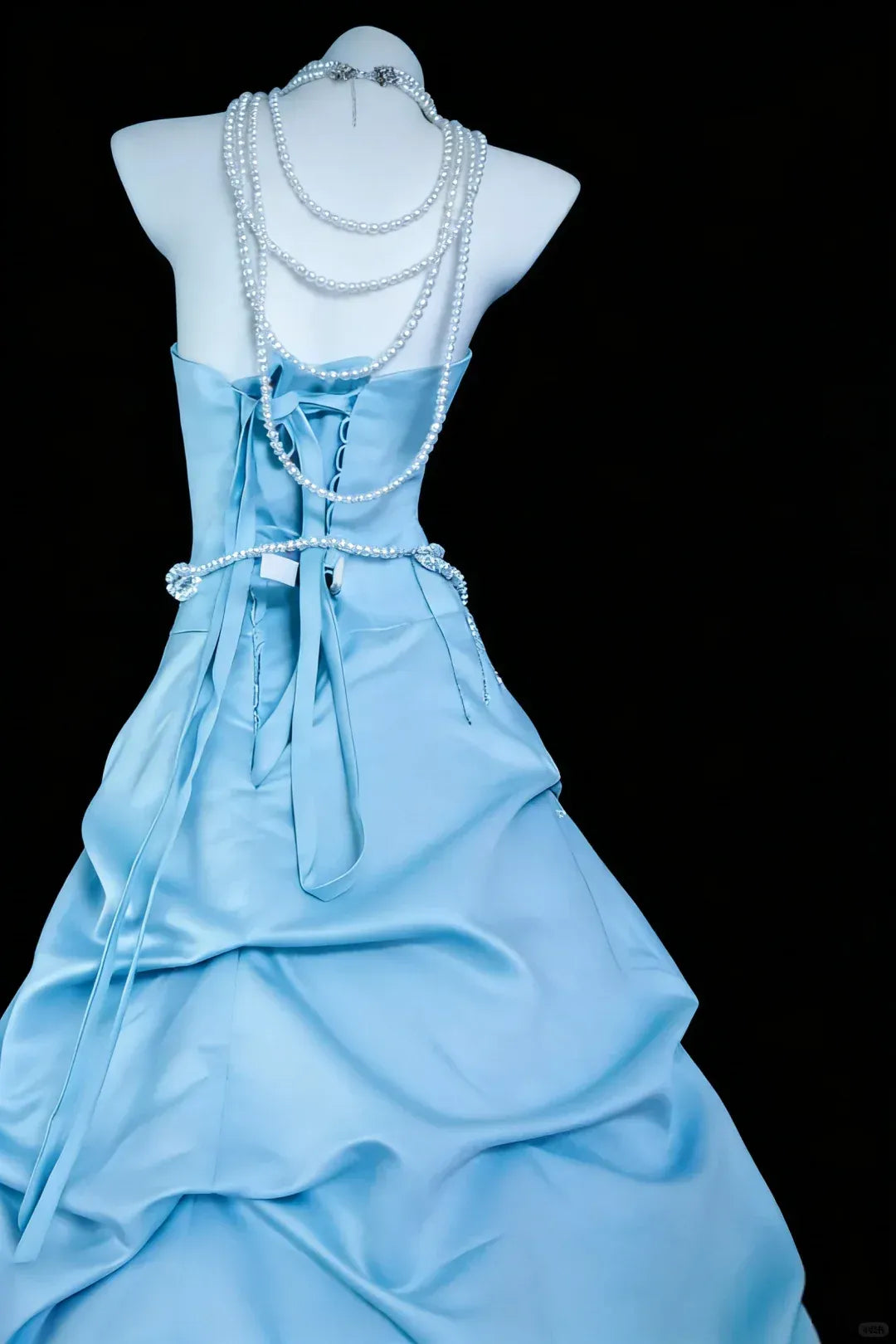 Sky Blue Satin Ball Gown – Strapless Pearl-Belt Prom Dress with Lace-Up Back