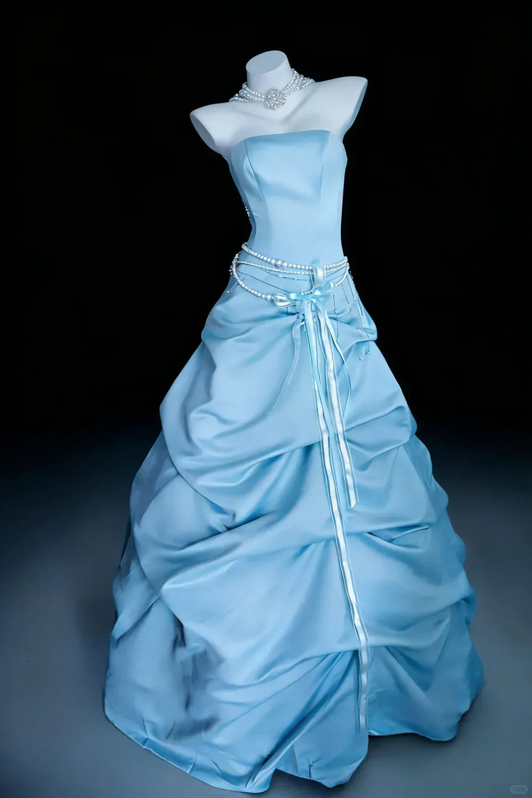 Sky Blue Satin Ball Gown – Strapless Pearl-Belt Prom Dress with Lace-Up Back