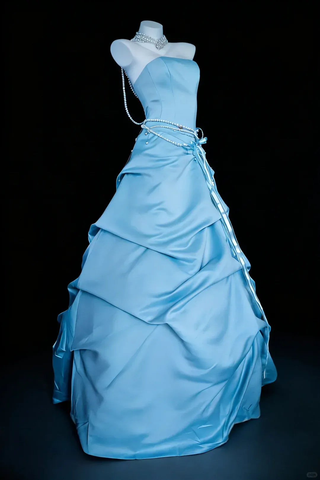 Sky Blue Satin Ball Gown – Strapless Pearl-Belt Prom Dress with Lace-Up Back