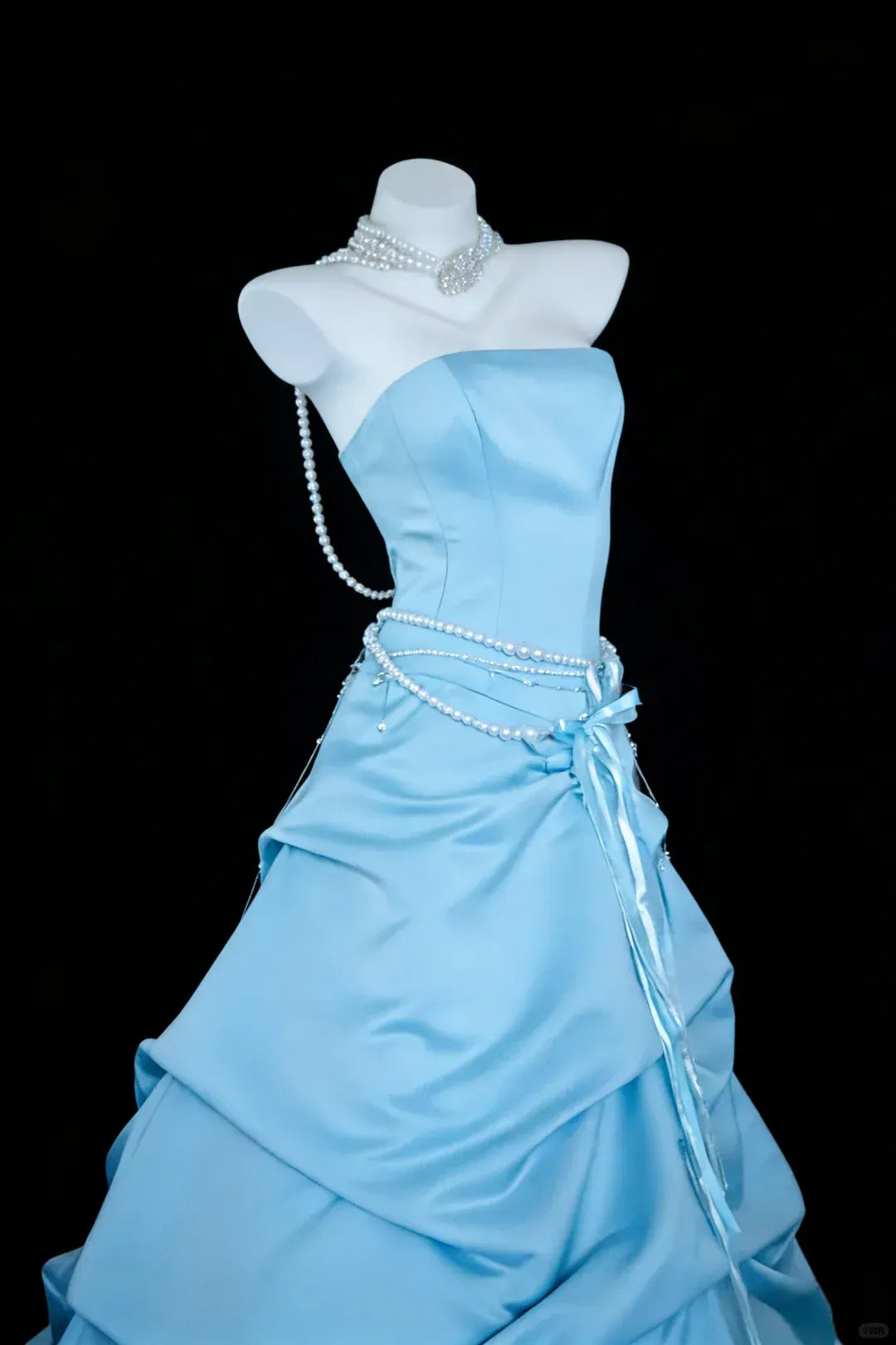 Sky Blue Satin Ball Gown – Strapless Pearl-Belt Prom Dress with Lace-Up Back