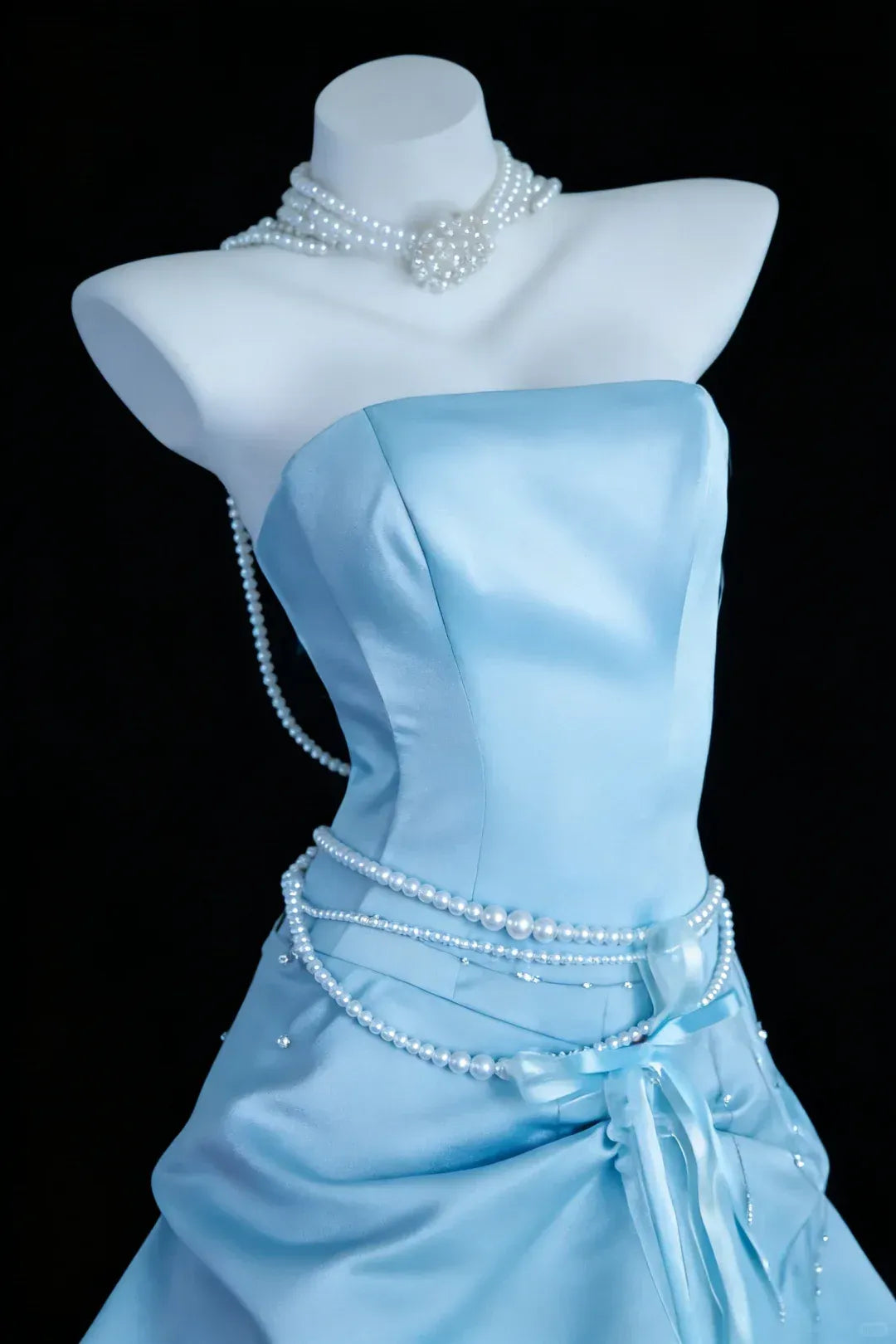 Sky Blue Satin Ball Gown – Strapless Pearl-Belt Prom Dress with Lace-Up Back