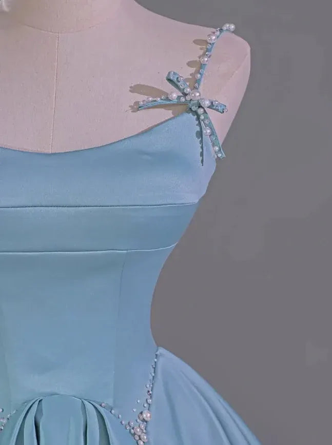 Sky Blue Satin Beaded Bow Spaghetti Strap A-Line Ball Gown with Train