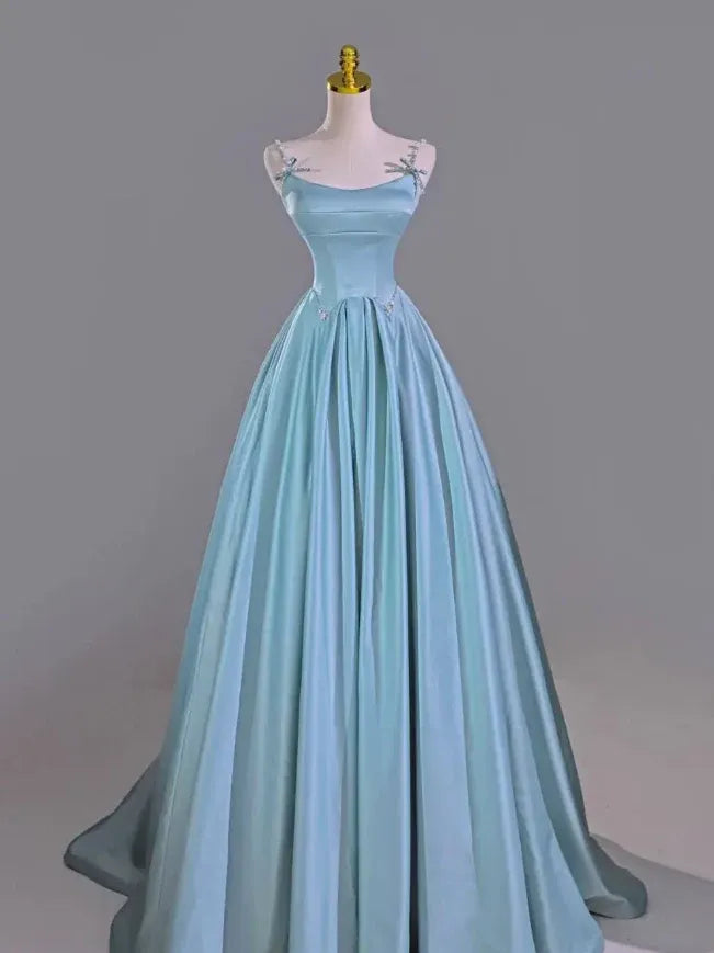 Sky Blue Satin Beaded Bow Spaghetti Strap A-Line Ball Gown with Train