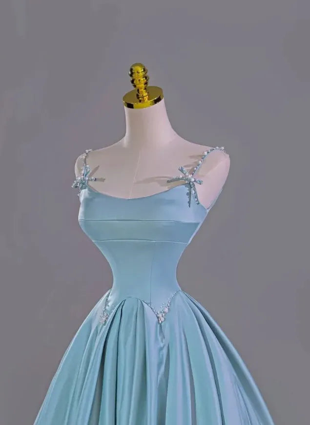 Sky Blue Satin Beaded Bow Spaghetti Strap A-Line Ball Gown with Train