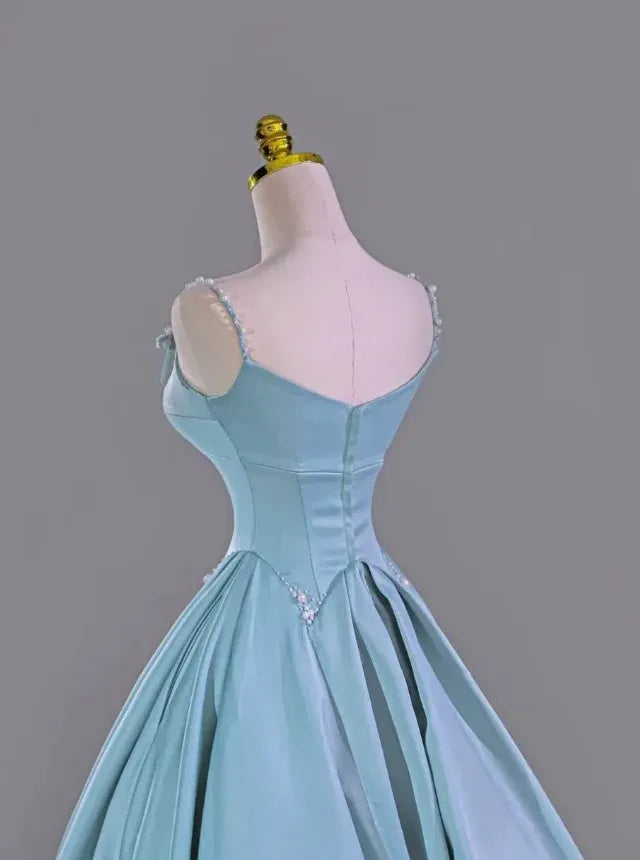Sky Blue Satin Beaded Bow Spaghetti Strap A-Line Ball Gown with Train