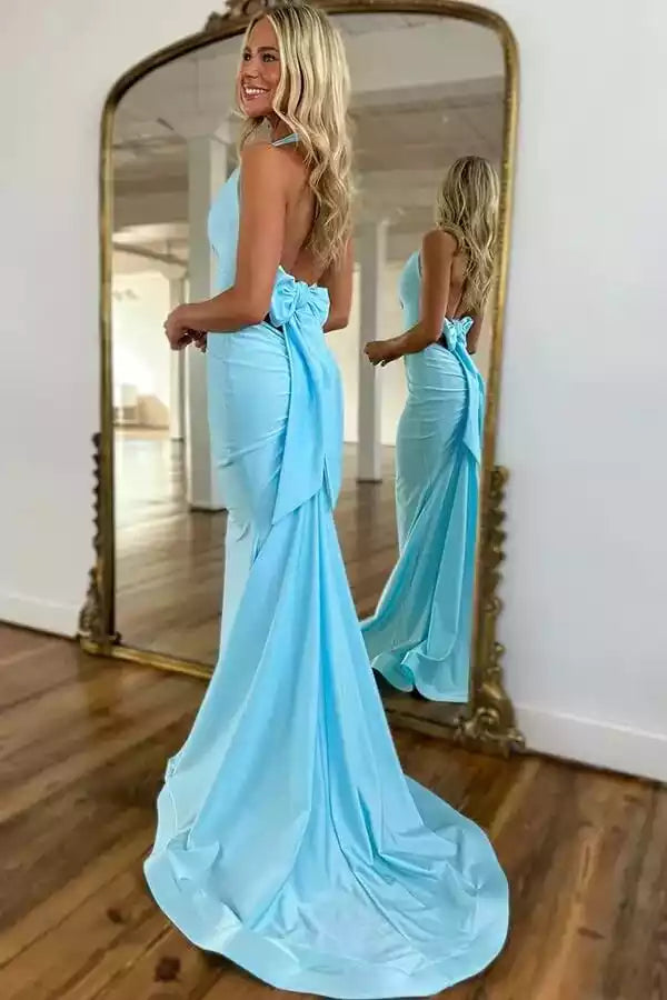 Sky Blue Satin Halter Bow-Accent Mermaid Gown – Airy & Elegant Evening Party Dress