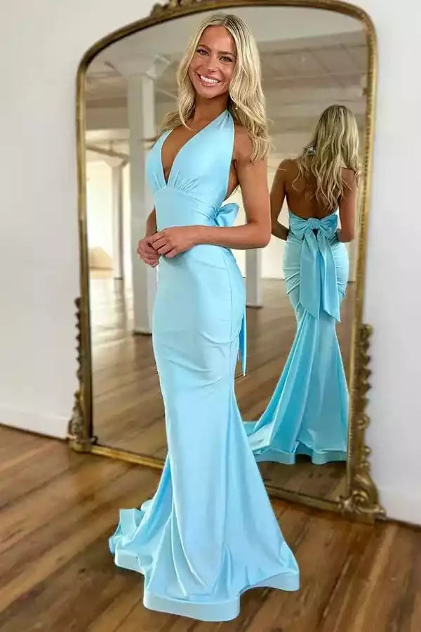 Sky Blue Satin Halter Bow-Accent Mermaid Gown – Airy & Elegant Evening Party Dress
