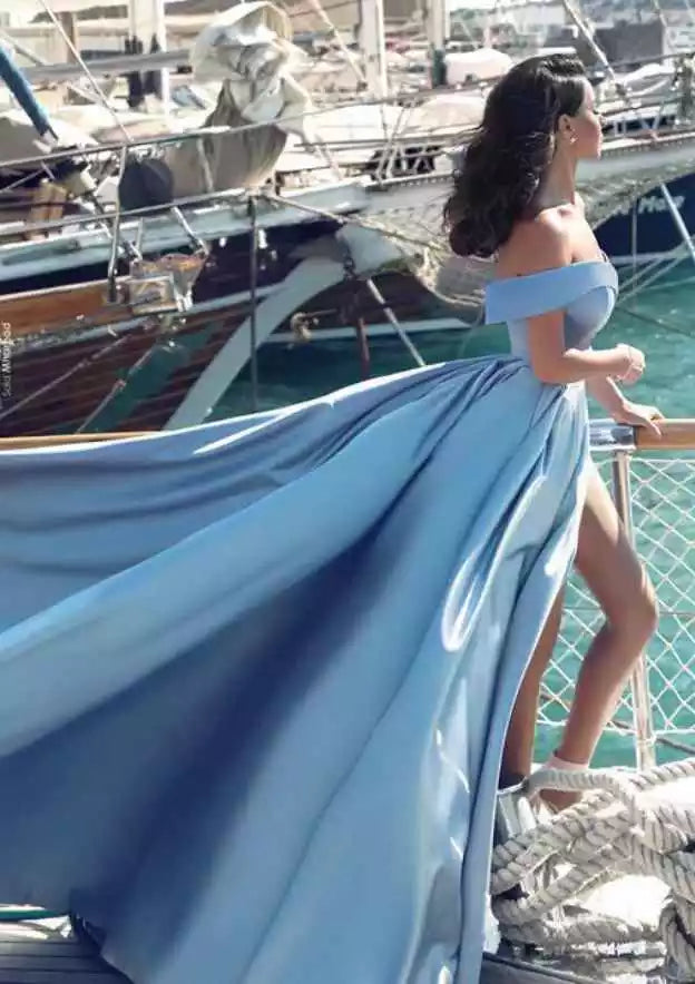 Sky Blue Satin Off-Shoulder Ball Gown with High Slit – Elegant & Dramatic Evening Party Dress