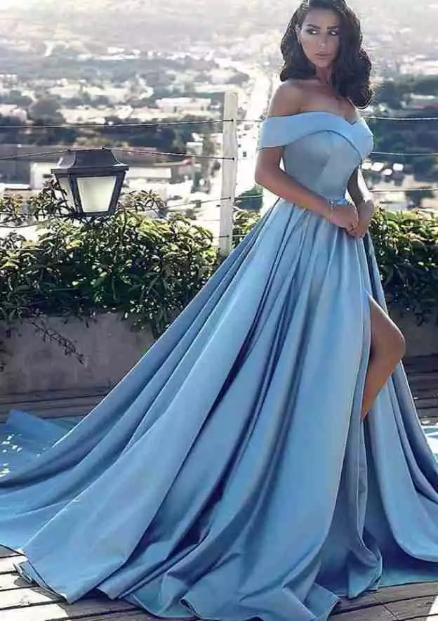 Sky Blue Satin Off-Shoulder Ball Gown with High Slit – Elegant & Dramatic Evening Party Dress