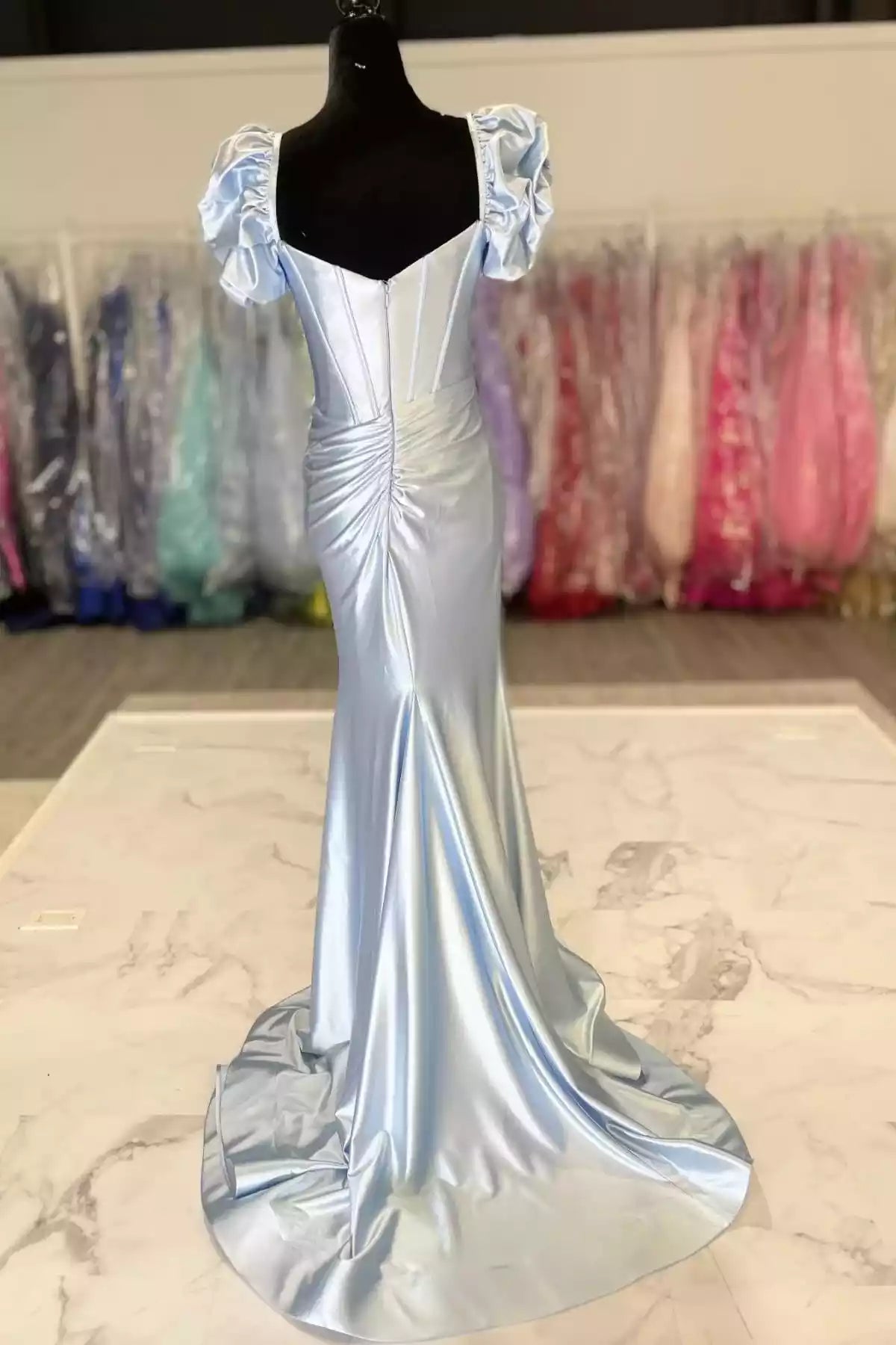 Sky Blue Satin Ruffled-Sleeve Sweetheart Mermaid Gown – Whimsical & Elegant Evening Party Dress