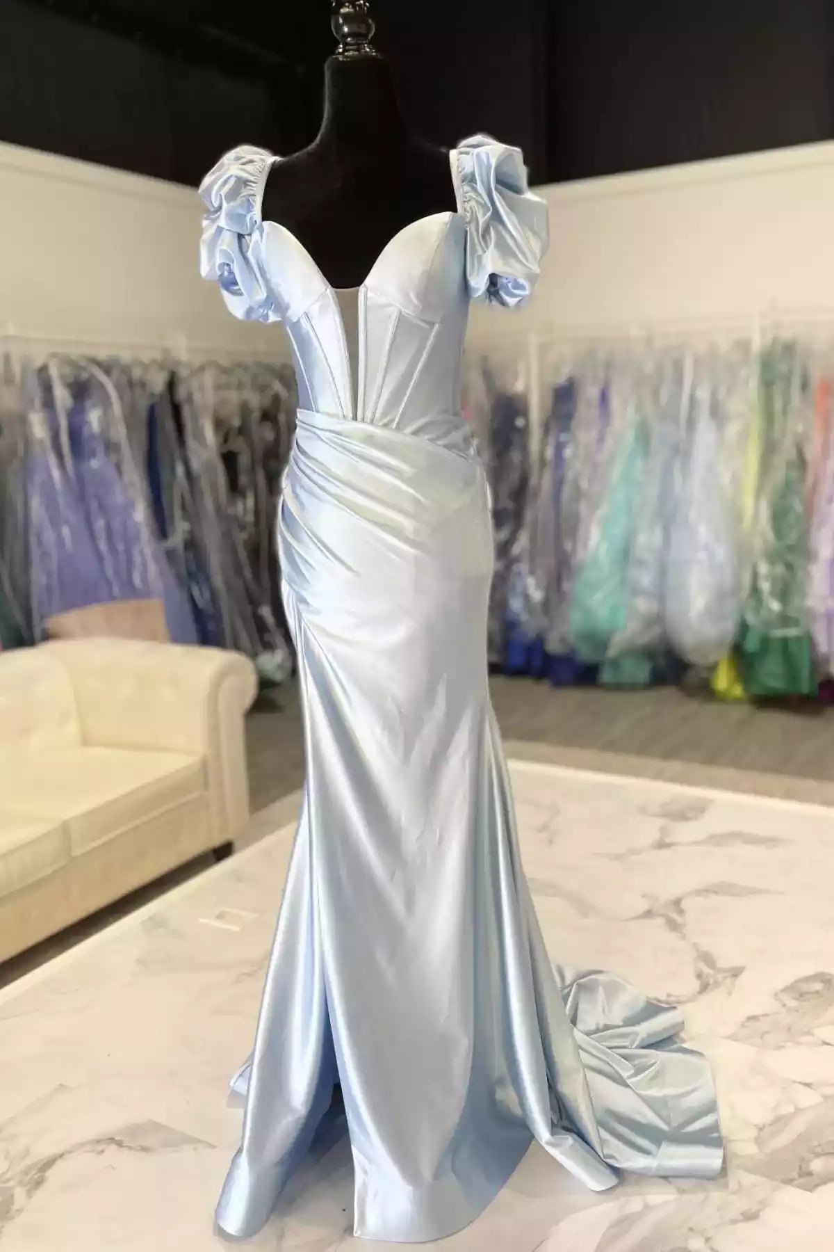 Sky Blue Satin Ruffled-Sleeve Sweetheart Mermaid Gown – Whimsical & Elegant Evening Party Dress