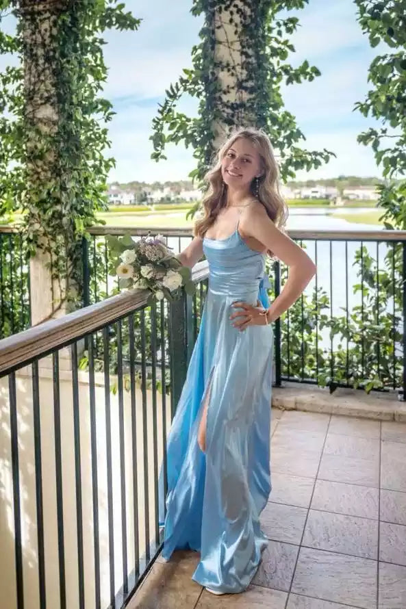 Sky Blue Satin Spaghetti-Strap Crisscross-Back Gown – Fresh & Stylish Evening Party Dress