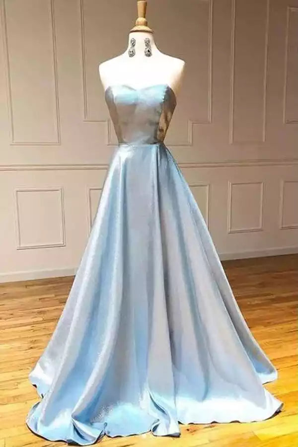Sky Blue Satin Strapless Corset Back A-Line Gown – Elegant & Luxe Evening Party Dress