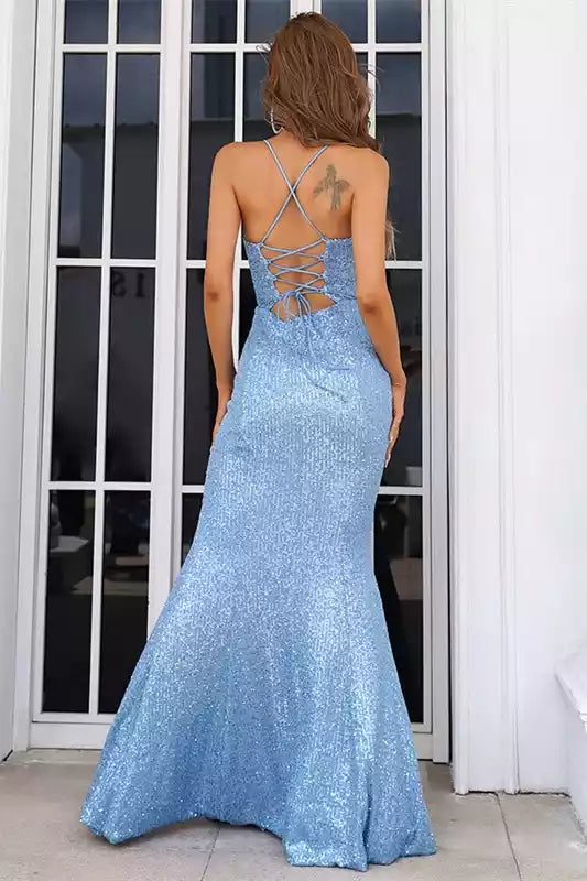 Sky Blue Sequin Crisscross-Back Mermaid Gown – Elegant & Glittering Evening Party Dress