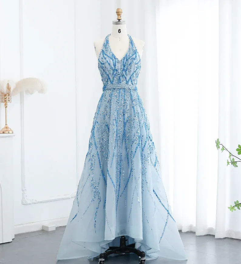 Sky Blue Sequin Halter V-Neck Open Back A-Line Maxi Gown