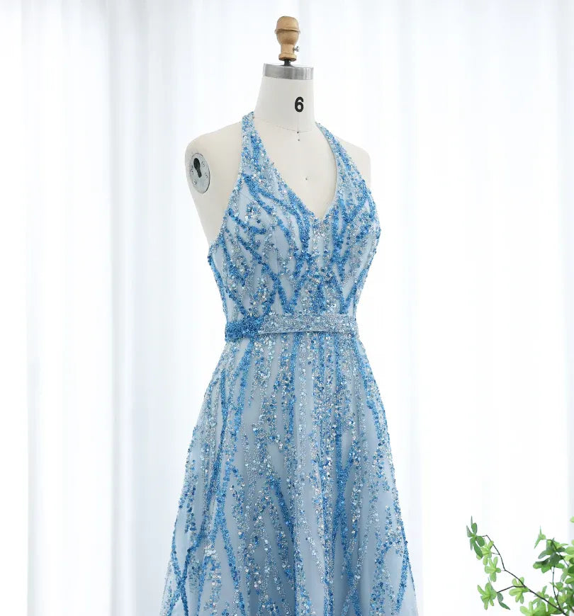 Sky Blue Sequin Halter V-Neck Open Back A-Line Maxi Gown