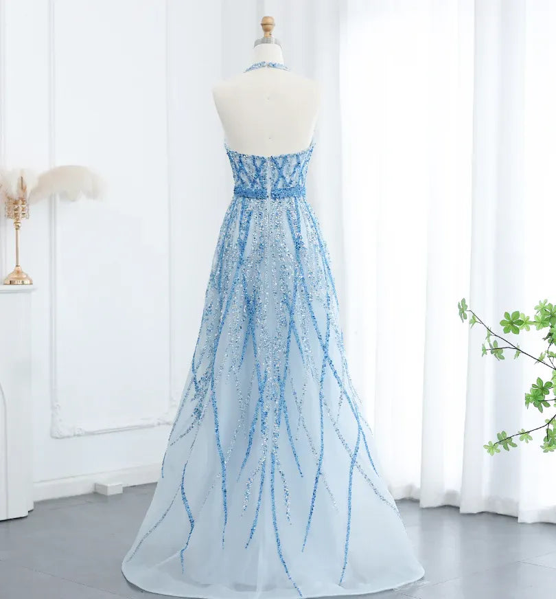 Sky Blue Sequin Halter V-Neck Open Back A-Line Maxi Gown